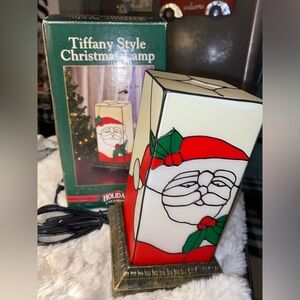 VNTG Tiffany style Stained Glass Plastic‎ Blow Mold Lamp Santa Retro  HG99